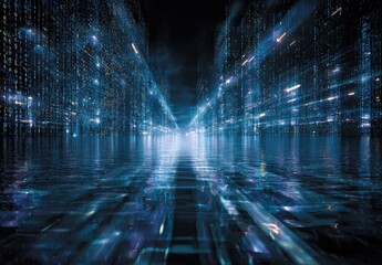 Futuristic digital landscape with glowing data streams.