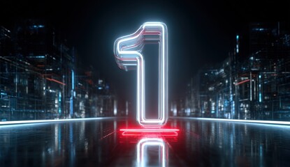 Glowing neon number one in a futuristic digital cityscape.