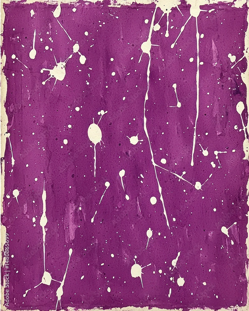 Poster abstract artwork featuring a deep purple background adorned with numerous white splatters and streak