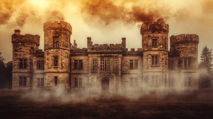 Mysterious stone castle in misty landscape gothic architecture fantasy setting