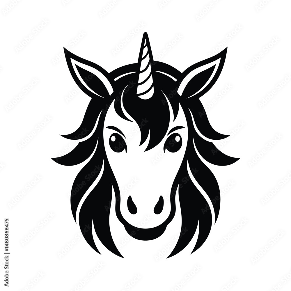 Poster elegant black and white illustration of a unicorn head facing forward with a subtle expression.