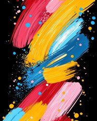 Vibrant, dynamic strokes of paint in red, yellow, blue, and pink hues on a black background, interspersed with colorful splatters