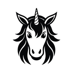 Elegant black and white illustration of a unicorn head facing forward with a subtle expression.