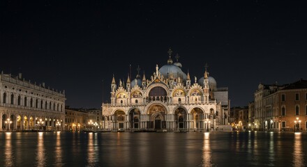 Obraz premium Saint Mark's Basilica at Night - Majestic Saint Mark's Basilica in Venice, Italy, beautifully illuminated at night, reflecting in the calm waters. A stunning cityscape