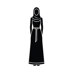 Black and white silhouette of a modest woman wearing a hijab and a traditional dress, simple design.