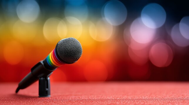 Podium decorated with a rainbow microphone in front of a vibrant pride flag representing inclusivity and diversity during a community event