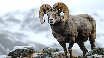 Naklejka premium Majestic bighorn sheep stands on rocky mountain peak, gazing directly at the viewer