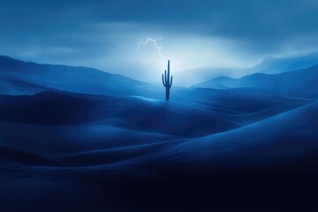 Lone saguaro cactus stands silhouetted against a stormy desert night sky, illuminated by a lightning strike.