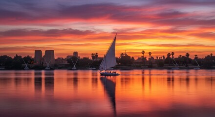 Serene Sunset Sailboat on Calm Water - A single sailboat glides across a tranquil river at sunset, silhouetted against a vibrant, fiery sky. Cityscape in the background