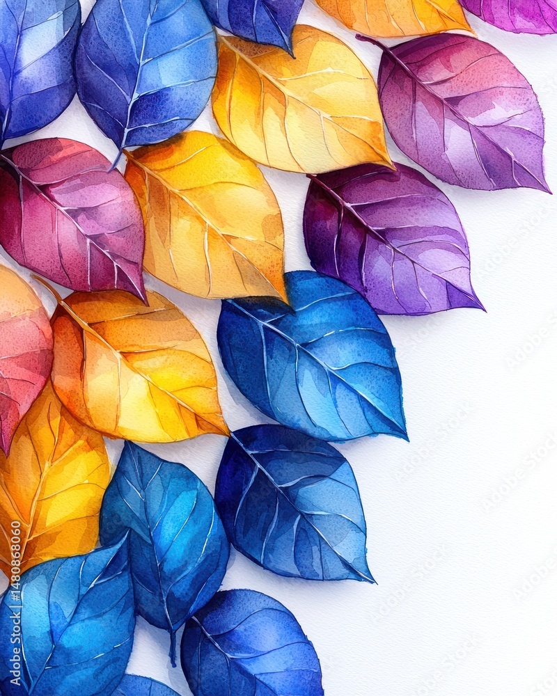 Poster vibrant autumn leaves in a spectrum of colors arranged in a visually appealing pattern against a whi
