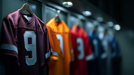 Colorful american football uniforms hang neatly in a well-lit sports locker room, showcasing team pride and anticipation before the upcoming match. Each jersey features unique numbers and colors