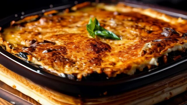 Greek moussaka in a ceramic dish, showcasing layers of eggplant, minced meat, and creamy bechamel sauce. A traditional Mediterranean casserole dish, rich in flavor and textures