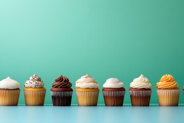 Colorful lineup of assorted cupcakes against a mint green background showcasing various flavors and designs