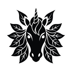Black and white decorative unicorn head with floral leaves and horn isolated on white background