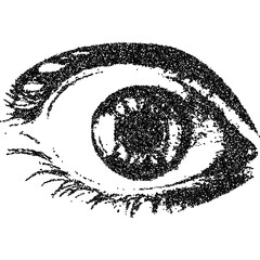 Scared eye, collage element with vintage stipple photocopy effect, with retro grainy texture. Vector illustration for grunge psychedelic surreal poster or tattoo in 90s aesthetic.