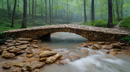 Obraz premium Misty forest stream flows under a quaint stone arch bridge
