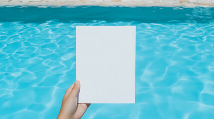 Hand holding blank card over shimmering blue water. Perfect for adding your text or design. Vacation vibes, sunny days, by the pool!