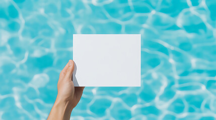 Person holding white card over shimmering water. Ideal for travel, vacation, or message promotion. Summer vibe with clear turquoise water background.