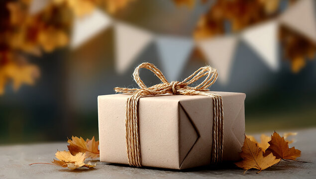 Autumn gift box with pinecones and fall leaves under festive bunting