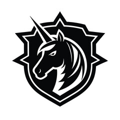 Black and white stylized unicorn head within a shield symbolizing power and protection vector illustration
