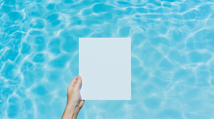 Blank paper held over serene turquoise water, evoking calm and limitless possibilities. Perfect for announcements, invitations, or creative projects.
