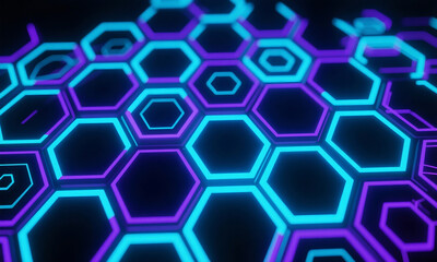 Abstract Hexagonal Grid A Network of Interconnected Teal and Purple Shapes on a Dark Background.