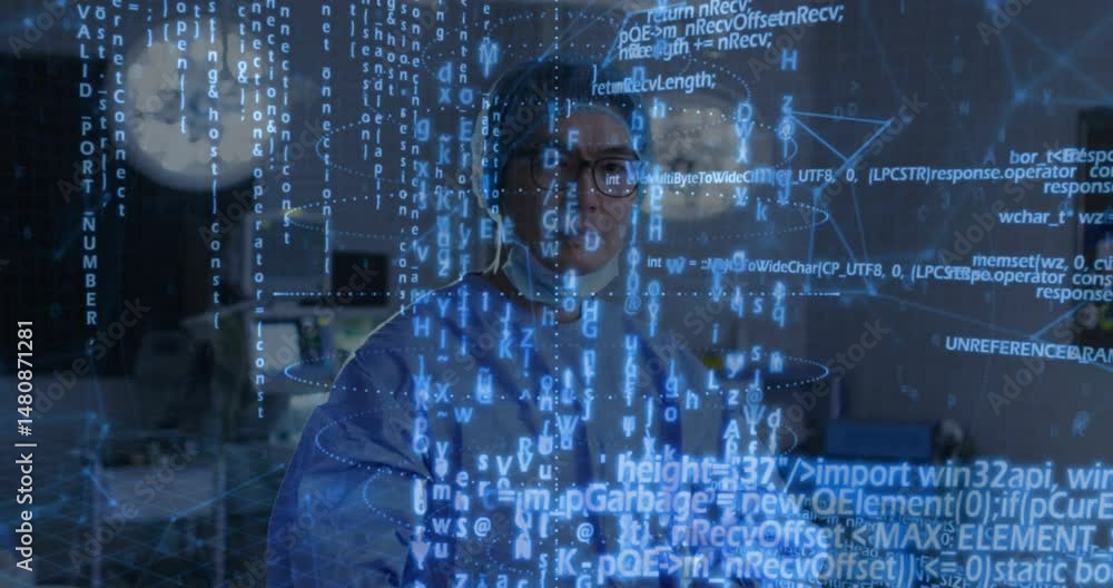 Poster surgeon wearing scrubs interacting with holographic network diagrams and code in operating room
