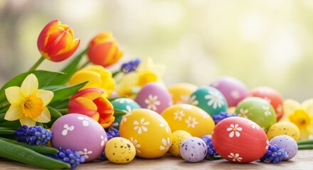 Fototapeta premium Springtime Easter Eggs and Tulips - Pastel painted eggs, spring tulips, daffodils, and muscari flowers symbolize new life, spring, Easter, hope, and celebration