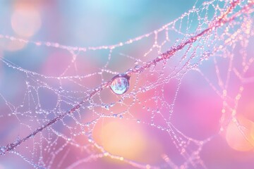 Obraz premium A glistening dewdrop adorns a spiderweb, showcasing nature's delicate beauty in pastel hues.