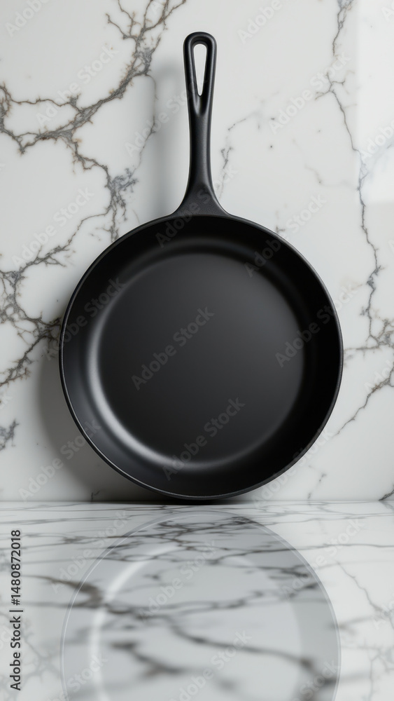 Poster a black frying pan with a long handle on a marble counter.