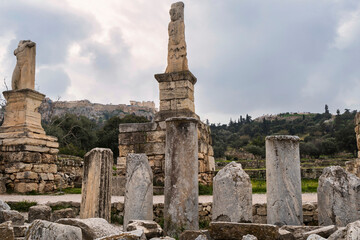 Ruined Statues with Acropolis View in Ancient Agora