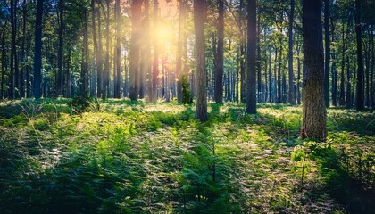 Fototapeta premium Forest with Lush Green Undergrowth - Peaceful Woodland Landscape