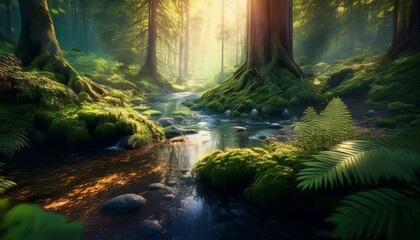 Forest with Lush Green Undergrowth - Peaceful Woodland Landscape