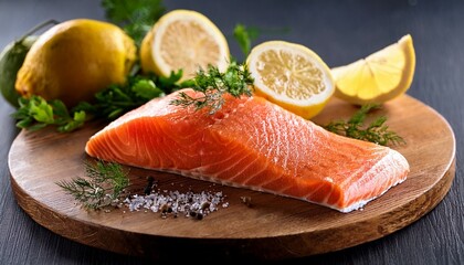 fresh salmon fillet with lemon and herbs on a wooden cutting board