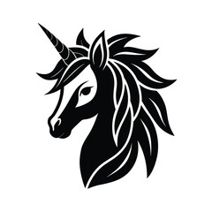 Elegant black and white unicorn head silhouette illustration on isolated white background for graphic design projects