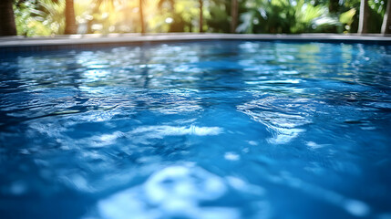 Serene blue pool water reflecting sunlight and lush greenery