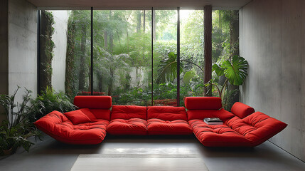 Red modular sofa in modern living room with lush green garden view