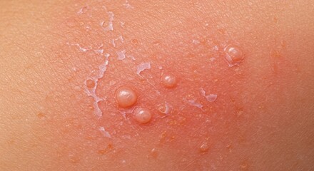 Fototapeta premium Sunburn Blisters: Severe Sun Damage and Skin Irritation - Illustrates painful sunburn, blistering skin, redness, peeling, and the consequences of intense UV exposure. Symbolizes sun protection
