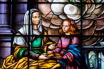 Stained glass (19th century) of Virgin Mary with her mother St. Anne.