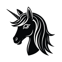 Elegant black and white silhouette of a majestic unicorn head facing left on a clean white background