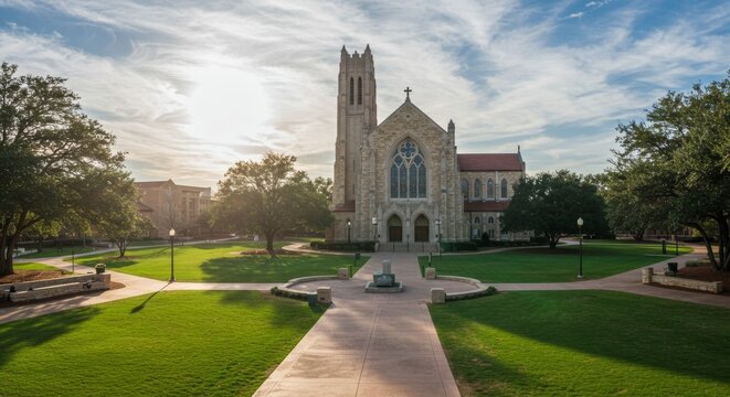 Sunny Morning at SMU Chapel - Tranquil campus scene, sunlight illuminating a majestic chapel, symbolizing faith, education, community, peace, and aspiration
