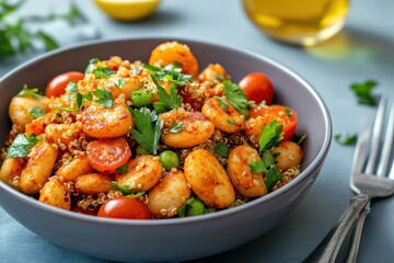 Delicious gnocchi and quinoa salad with cherry tomatoes and fresh herbs on a table setting
