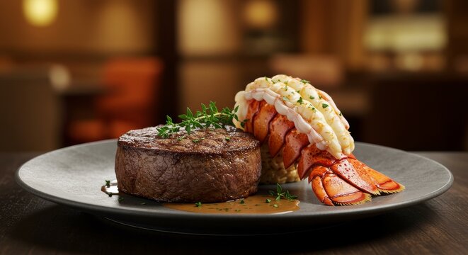 Surf and Turf Delight: Juicy Steak with Lobster Tail - Indulge in a luxurious dining experience. This showcases a succulent steak paired with a perfectly cooked lobster tail