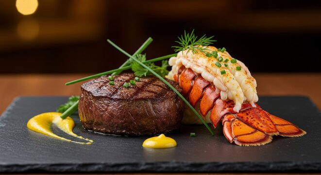 Surf and Turf Dinner: Grilled Steak and Lobster Tail - Indulgent surf and turf dish. Juicy grilled steak paired with a succulent lobster tail, gourmet herbs, and creamy sauce. Fine dining, luxury