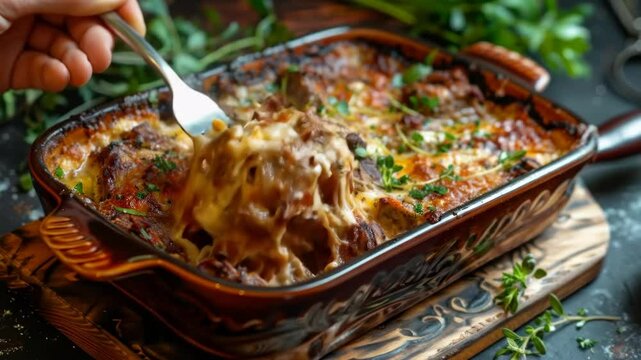 Albanian tave kosi or tave elbasani, lamb baked in a yogurt and egg custard, served in a baking dish. A flavorful and traditional Albanian dish