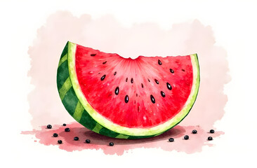 Watercolor illustration of a juicy watermelon slice with seeds on a light background