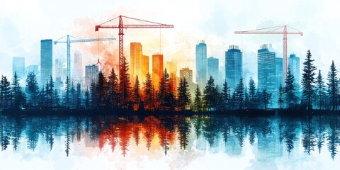  showcasing a city skyline with construction cranes against a backdrop of a tranquil forest reflected in a calm body of water,