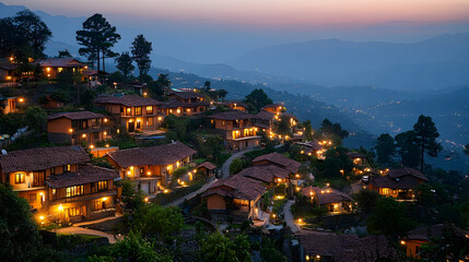 Obraz premium Hillside village at twilight, illuminated houses, winding paths, scenic mountain backdrop