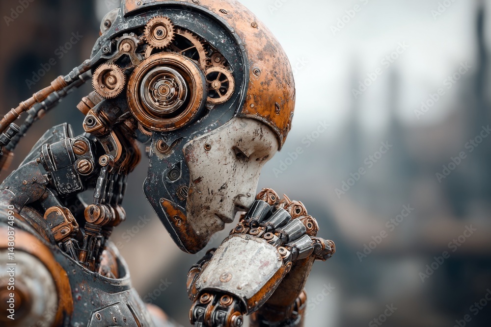 Poster steampunk android head profile with intricate gears and metallic details shows contemplative pose wi