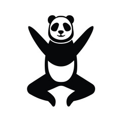 Simple black and white illustration of a cute panda bear in an excited pose with arms raised in the air
